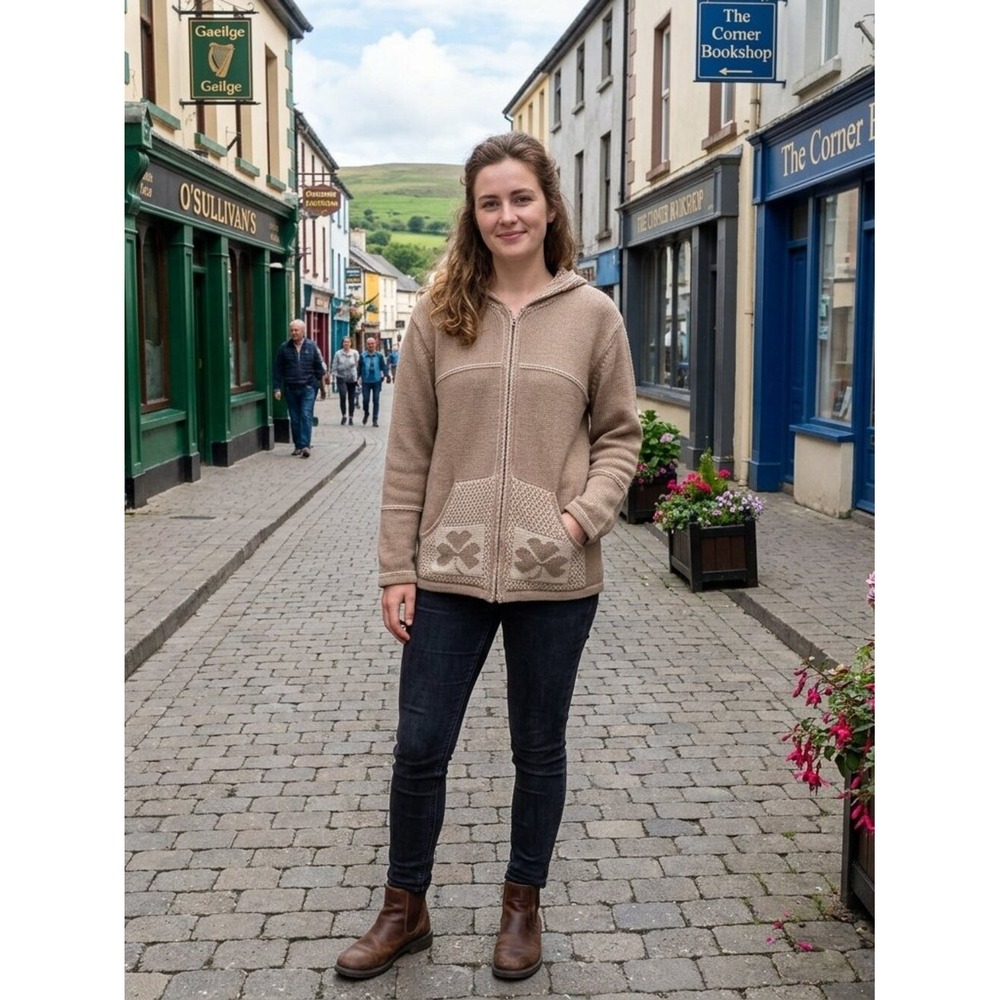 Aran Crafts Ireland 100% Merino Wool Zip Up Hooded‎ Sweater Shamrock Tan Large